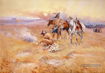 Blackfeet Corbeau brûlant Buffalo Range cowboy Charles Marion Russell Indiana Peinture à l'huile